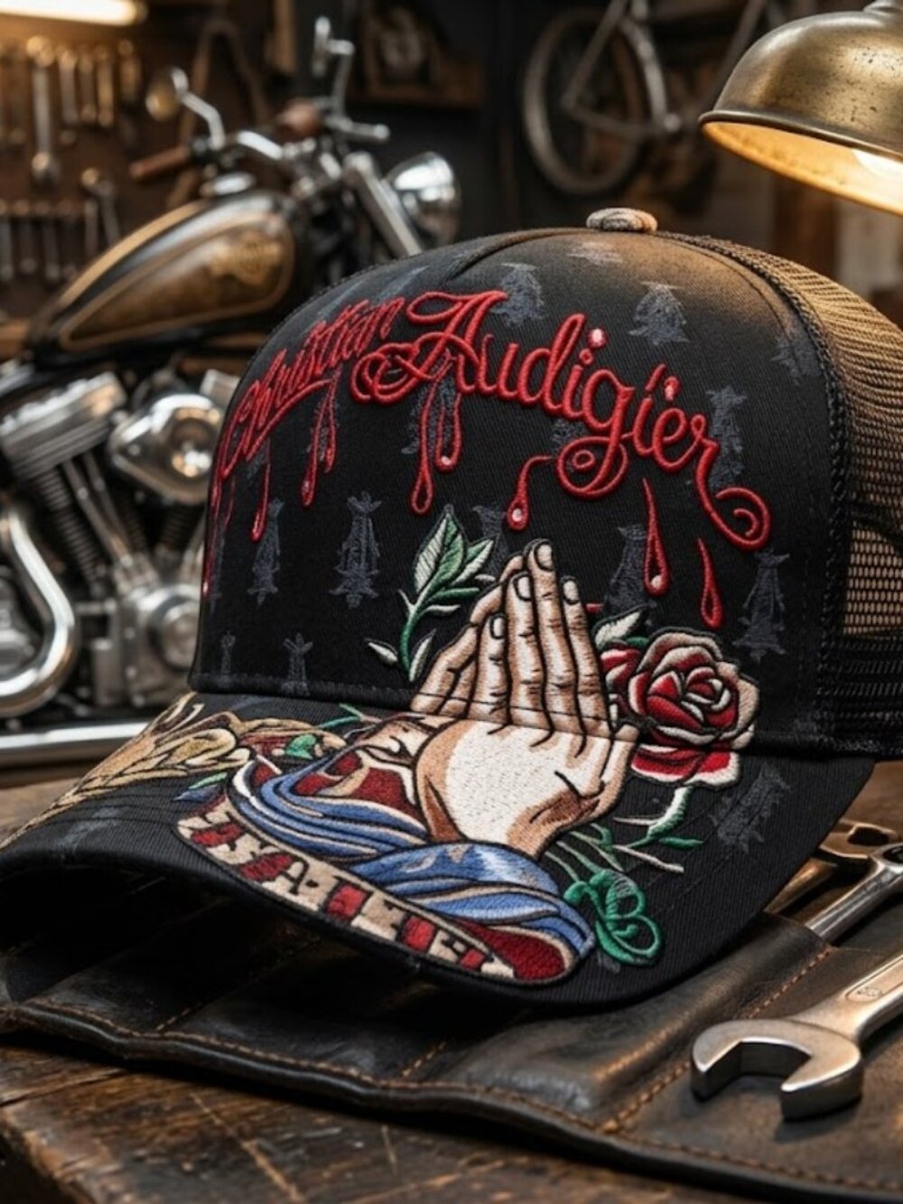 Vintage Christian Audigier Trucker Hat Praying Hands Y2K Deadstock Snapback Cap